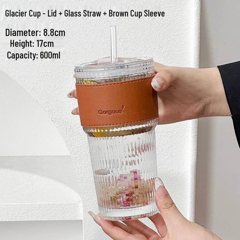 Eco-friendly Large Capacity Vertical Stripe Glass Cup with Straw