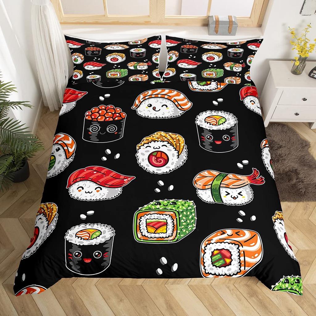 Japanese Sushi King Queen Duvet Cover Little Cat Bedding Set Novelty Cartoon Pet Animal Japan Food White Polyester Quilt Cover