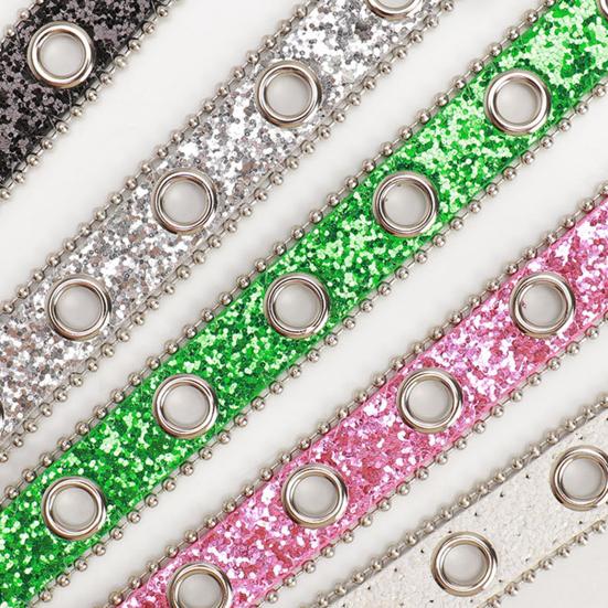 Women Belt Glitter Sequins Shiny Rhinestones Multi Holes Adjustable Length Waistband Imitation Leather Street Style Belt