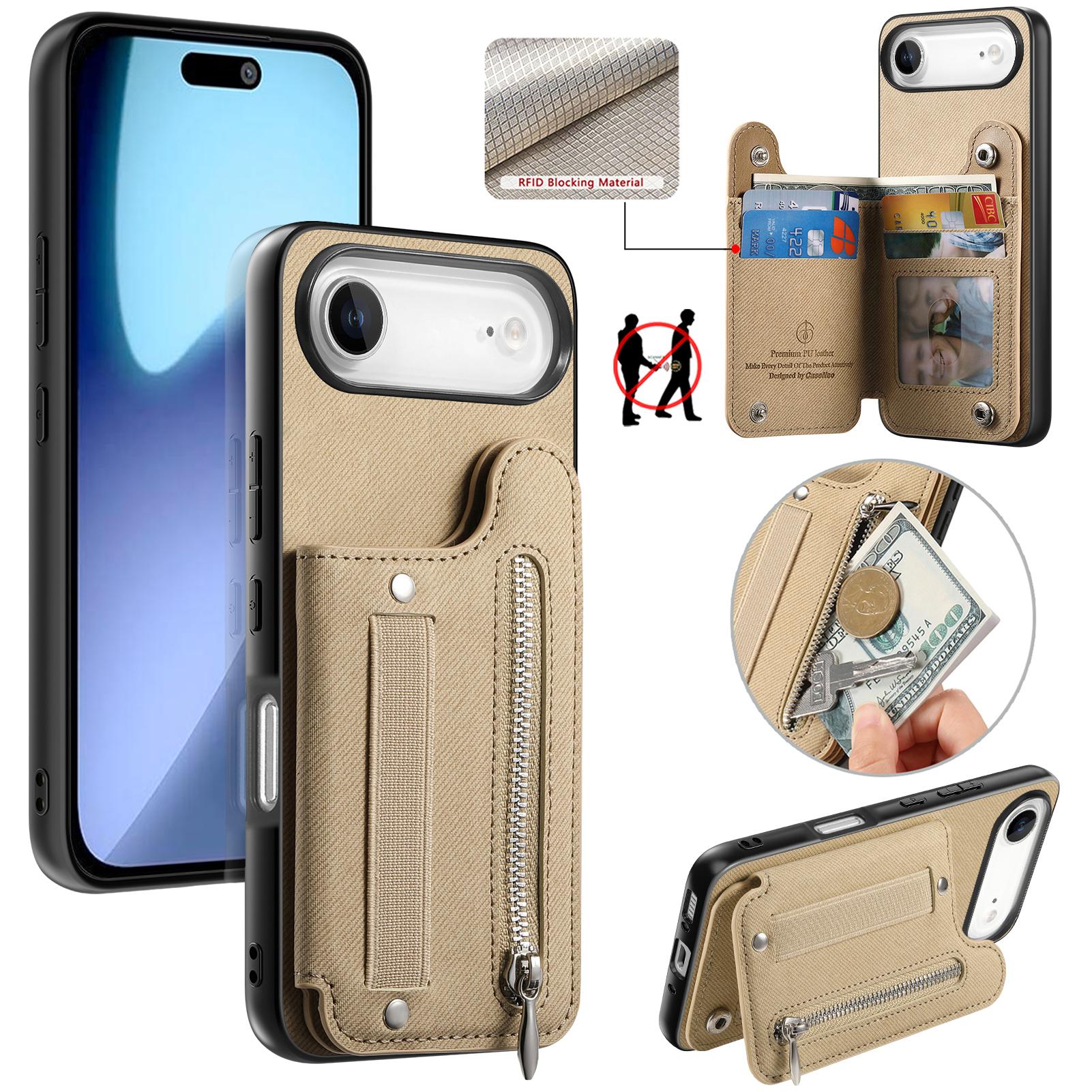 

Magnetic Zipper Elastic Wrist Strap Cards Solt Wallet Leather Case For iPhone 17 17 Air 16 Plus 15 14 13 12 kickstand Flip Cover iPhone 16 Pro бежевий