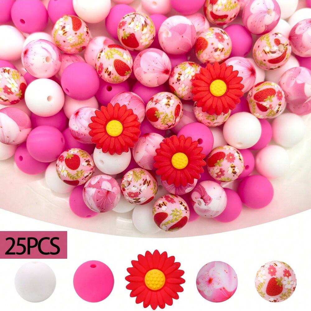 25PCS daisy and floral printed silicone bead set, punk style, suitable for DIY keychains, bracelets, bead pens