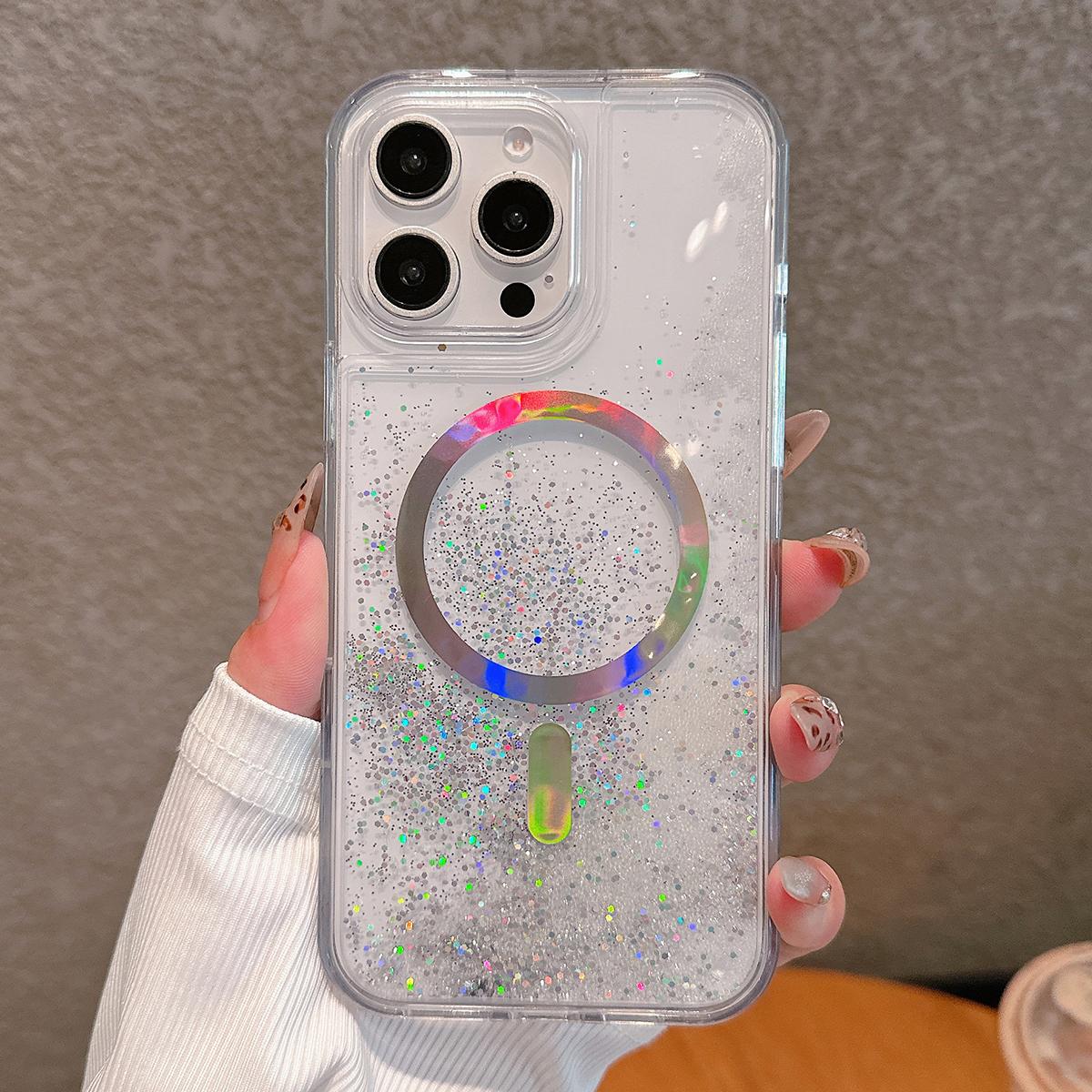 

Для чехла iPhone 16 Pro Max, совместимого с MagSafe, гальванизированная переливающаяся накладка для телефона из ПК+ТПУ White