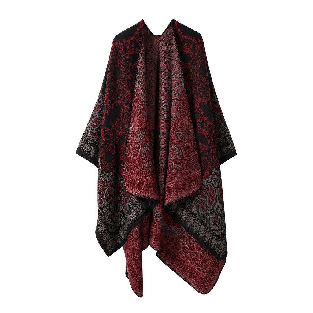Women's Double-Sided Tassel Shawl Cloak - Classic Slit Design, Warm Travel Cape