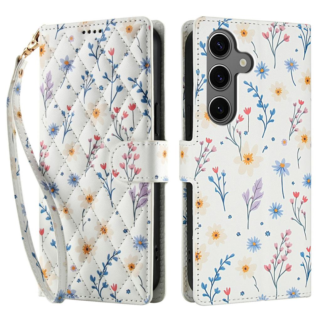 For Samsung Galaxy S25 FE Wallet Case Rhombic Floral Design Leather Flip Phone Cover with Strap