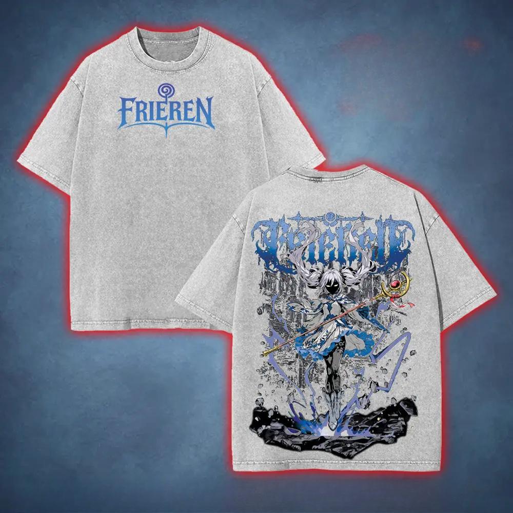Anime Frieren T Shirt Vintage Washed Oversized T-shirt Men Women Clothing Summer Short Sleeve Pure Cotton Tee Tops