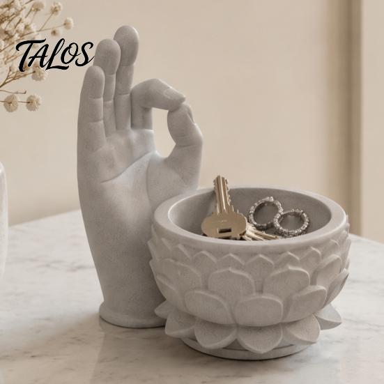 Office Desk Organizer 3D Printed OK Buddha Hand Lotus Flower Pot, Zen Style Mini Planter, Stone Texture Tabletop Ornament Desktop for Succulents