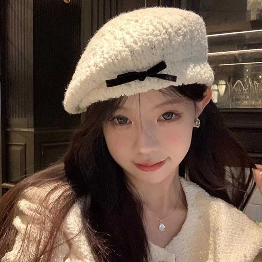 Bow Women Plush Beret Adjustable Newsboy Cap Retro Summer Tourism Beret  Autumn and Winter