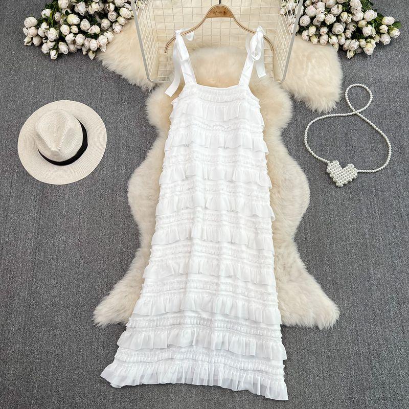 

French Style Gentle Pure Desire Wooden Ear Ruched Suspender Skirt Seaside Holiday Loose Sleeveless A- line Cake Dress White S