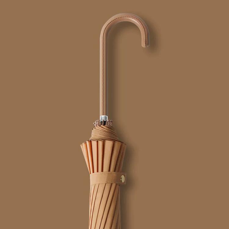 16-Rib Umbrella with Japanese-Style Fresh Design, Leather Handle, Curved Hook, Straight Pole, Large Double-Person Umbrella for Sun and Rain, Gift or