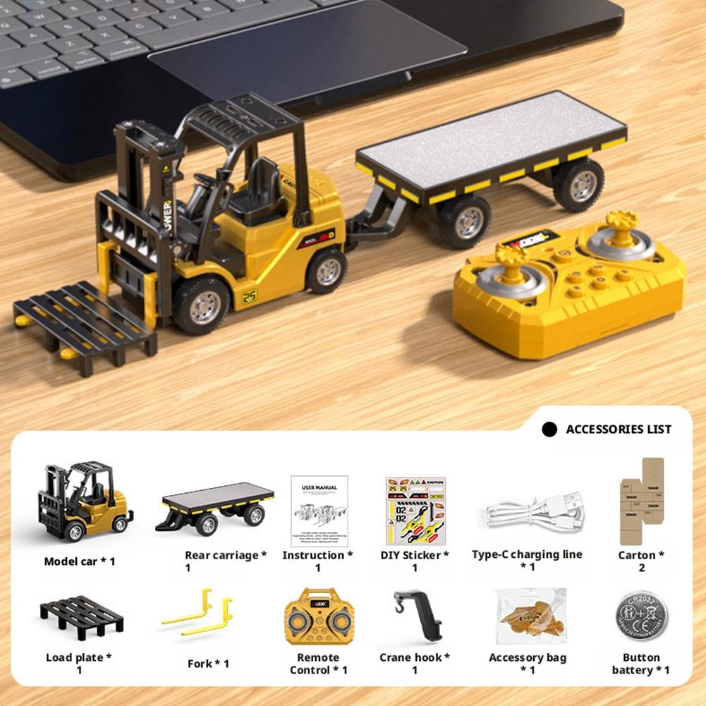 Mini Rc Truck Forklift 1/64 Alloy Diecast With Trailer Remote Control Desktop Cars For Boys Liftable Electric Excavator Engineer