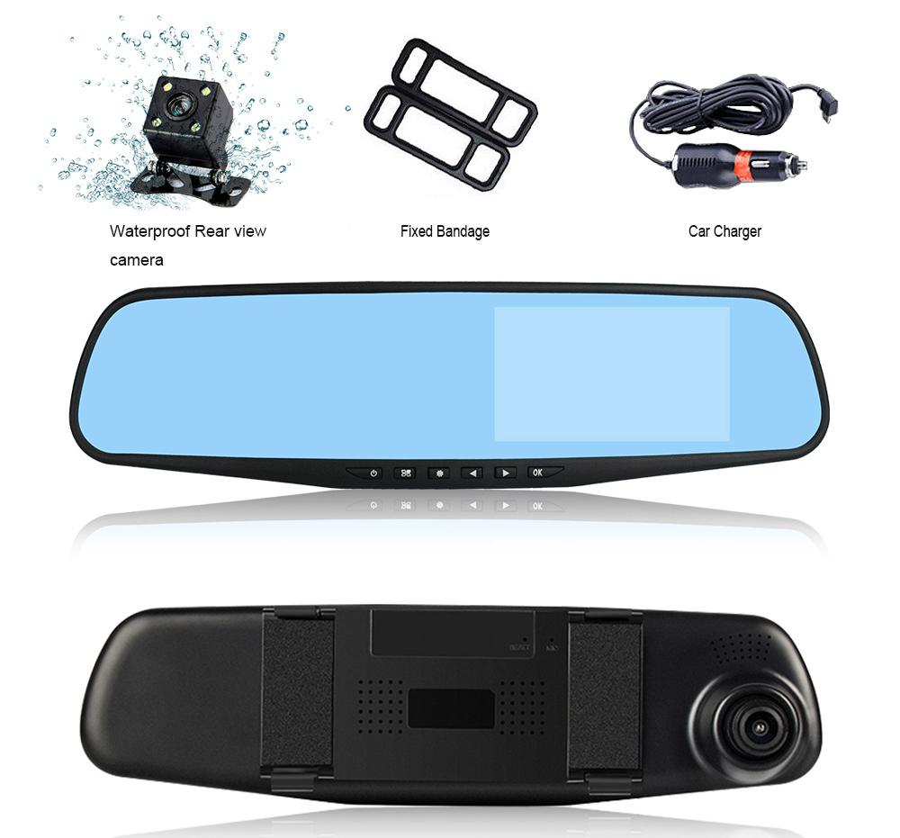 

Переднее + внутреннее + заднее + w Зеркало заднего вида Регистратор для вождения с двумя объективами 4,19-дюймовый автомобильный мониторинг 1080P Передний и задний двойной записывающий рекордер IFI 4.19-inch dual recording