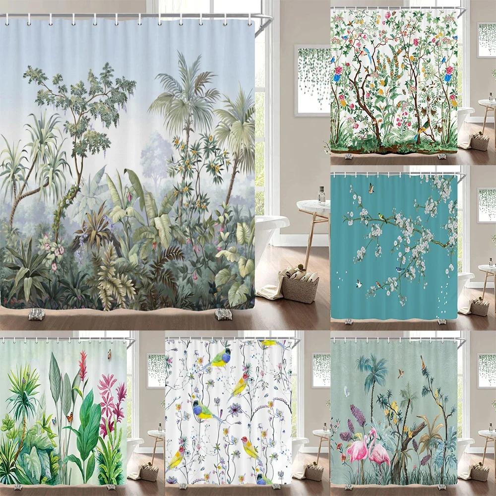 Monika Chen European Flowers, Birds, Plants Bath Curtains Waterproof Shower Curtain 3D Printing Bathroom Decoration With Hook Bath Screen