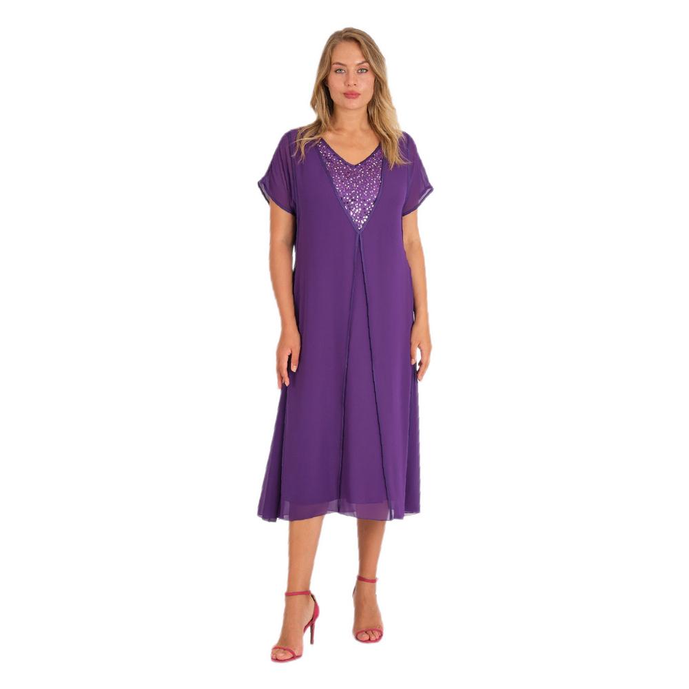 Fierte Women's Plus Size Dress Lm84420 V-Neck Sequin Detail Chiffon