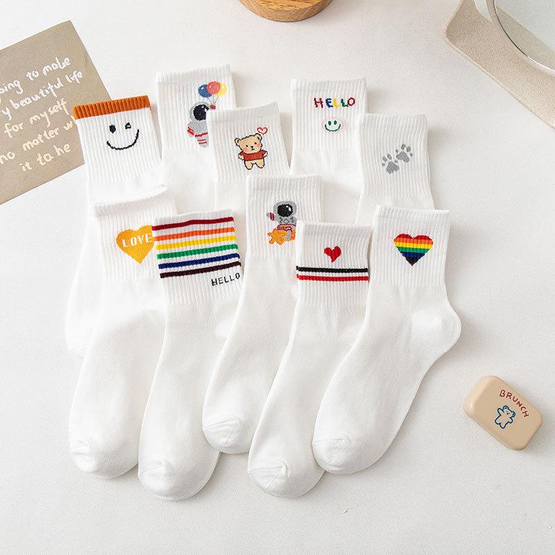 Autumn and Winter Women's Socks Mid-calf White Cartoon Student Bear Rainbow Letter Heart Smiling Face Striped Sports