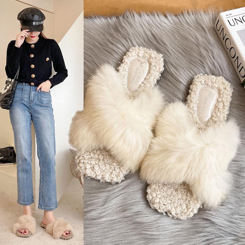 Internet Celebrity Cross Hairy Slippers Female 2023 Autumn and Winter New Outer Wear Ins Fairy Wind Plush Flat Bottom One Word Slippers