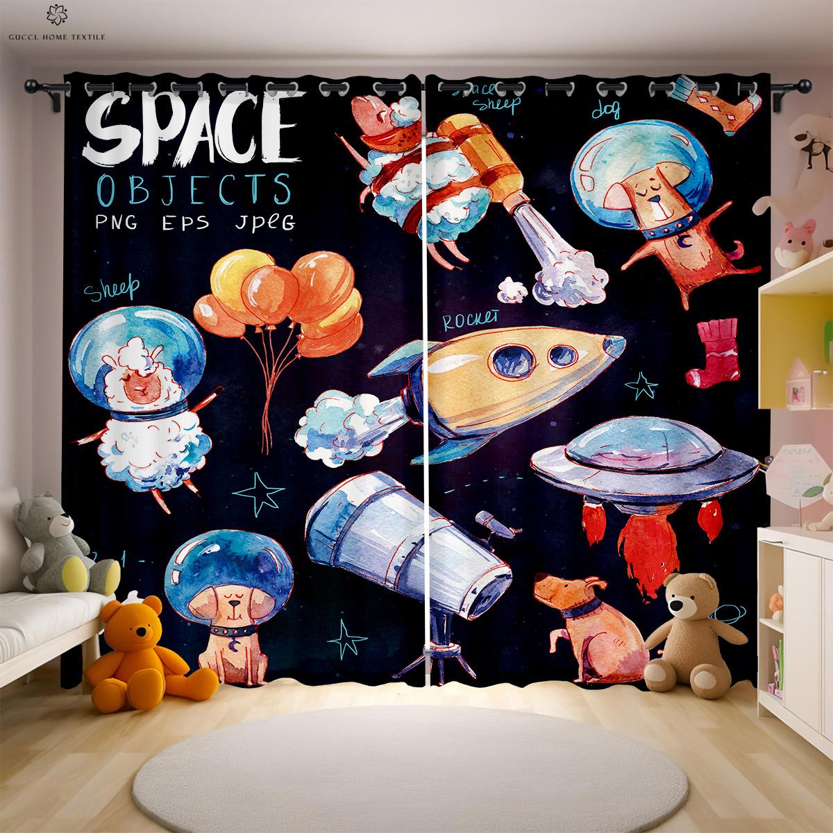 

Шторы с принтом «Мультяшный космический астронавт» для детей, украшение детской комнаты, 100% полиэстер, украшение для дома, милые, 2 шт. W50xH130(CM)x2PCS&Grommet Top