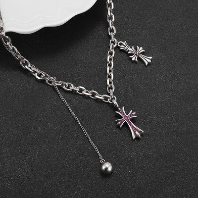 New Retro Pink Diamond Cross Cross Flower Pendant Necklace Hip-hop Niche Design Sweater Chain