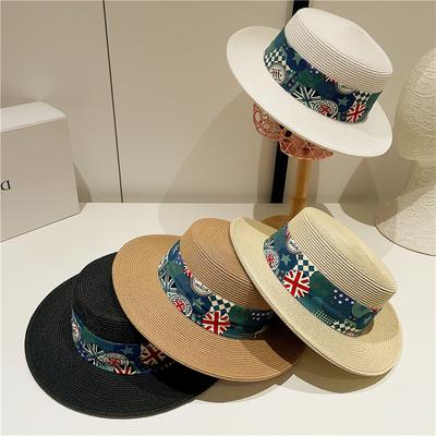 Holiday Style Straw Hat Women's Summer Beach Sun Hat Flat Top British Top Hat Sun Protection Hat Ribbon Tide