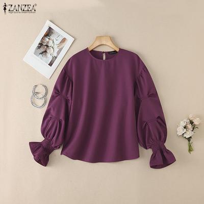 Women Casual Round Neck Solid Color Loose Long Sleeve Blouse