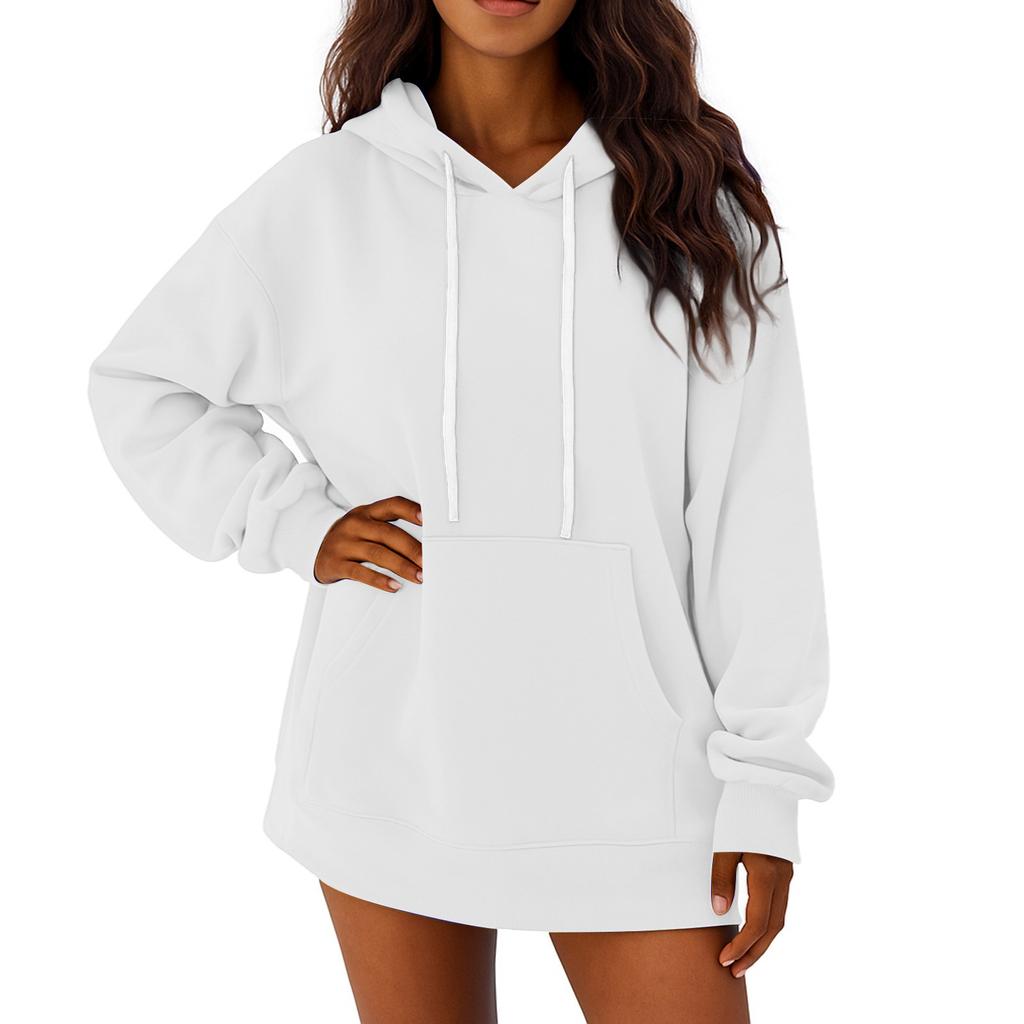 Women's Solid Color Long Sleeved Loose Casual Mid Length Pullover Hoodie Sweatshirt