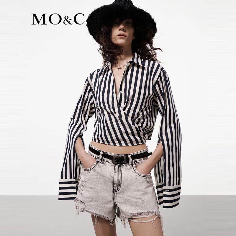 MO&Co. Women's Short Deconstructed Striped Cotton Shirt