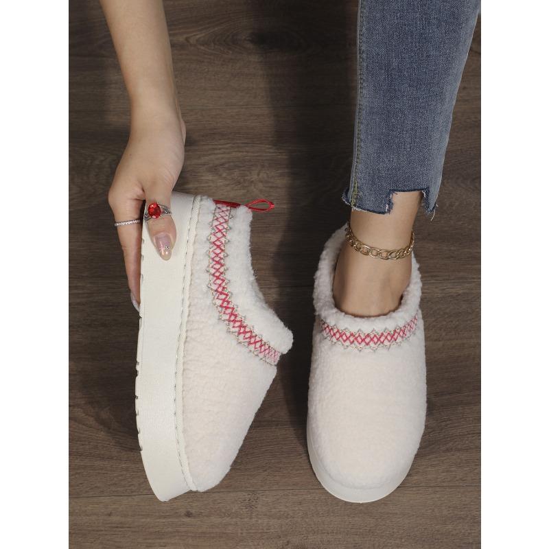 Thick Soles Wear Winter Headscarf Half Slippers, New Ethnic Style Lace Wool Semi-support Snow Cotton Slippers