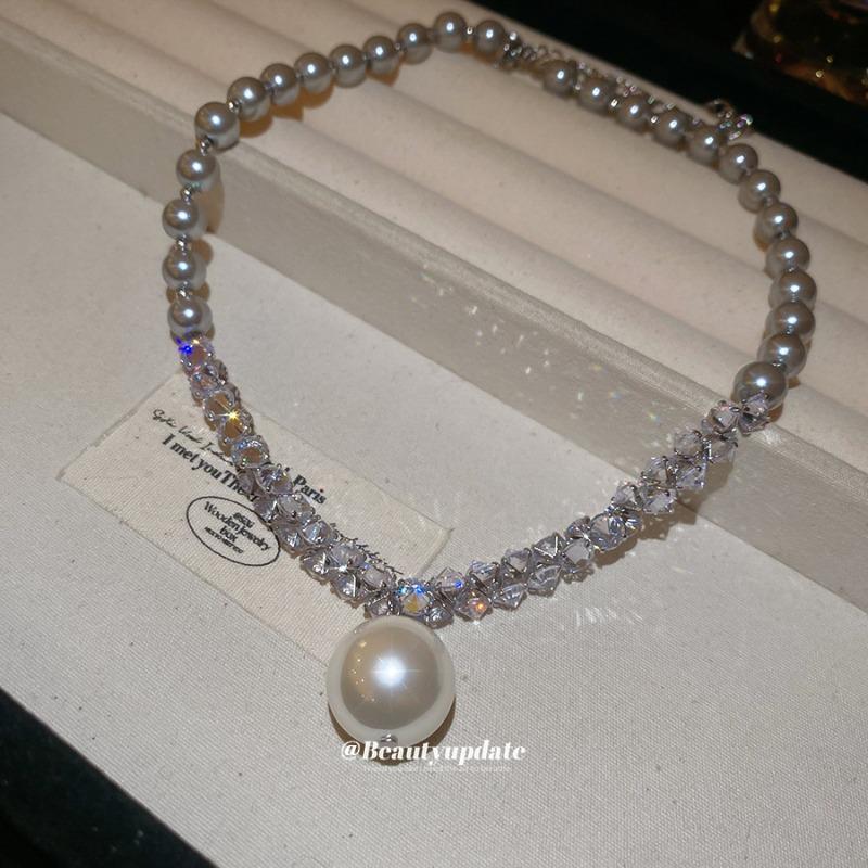 European and American new gray pearl diamond pendant necklace women's beaded light luxury simple design versatile collarbone chain neck chain
