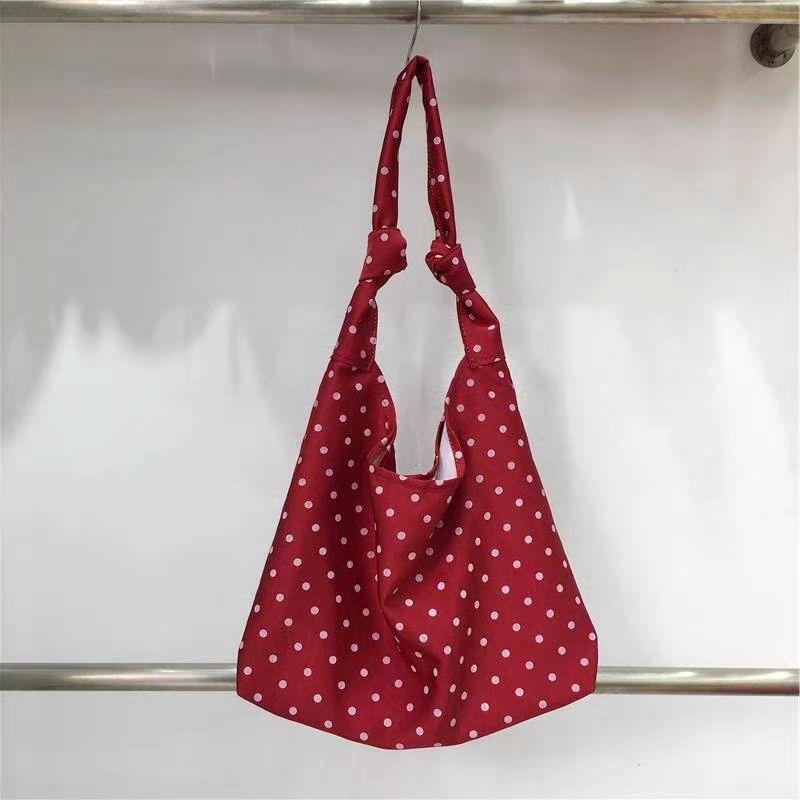 Small Dirty Cabinet, Japanese and Korean Literary Polka Dot Women's Bag, Small Fresh Floral Girl Shoulder Bag, Homemade Tied Knot Belt Tote Bag