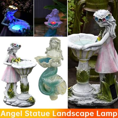 Estatua de Hada de las Flores/Sirena con Luz Solar Adorno de Arte para Jardín Exterior Escultura de Ángel de Resina Lámparas de Paisaje para Decoración de Jardín del Hogar