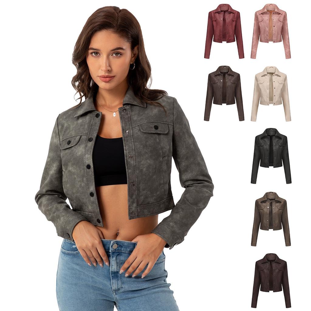 2024 spring and autumn new thin leather jacket women's multi-pocket cardigan casual jacket European and American fashion popular daily coat
