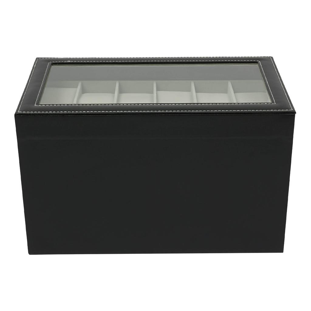 12-Slot Watch Box Case 3 Layers Watch Holder Organizer Display with 2 Velvet Drawer for Rings Bracelets Gifts For Birthday Black