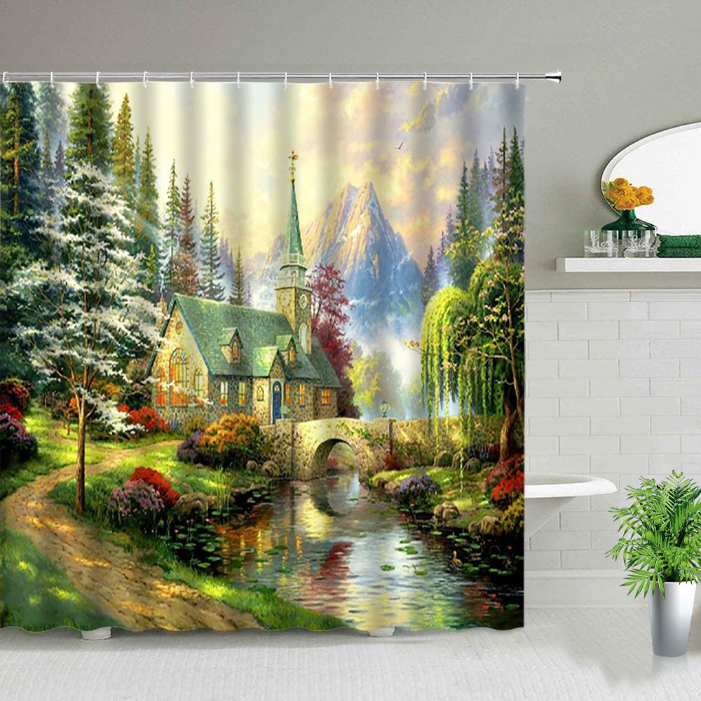 Forest Landscape Shower Curtains Green Tropical Plant Palm Tree Flower Leaves Garden Natural Scenery Bathroom Decor Bath Curtain
