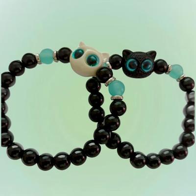 Luminous Cute Kitten Bracelet - Black & White Beaded Jewelry for Couples & Best Friends