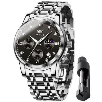 Men's Quartz Watch with Moon Phase Timer, Stainless Steel, Simple and Fashionable, Waterproof, Luminous, Date Display (Black)