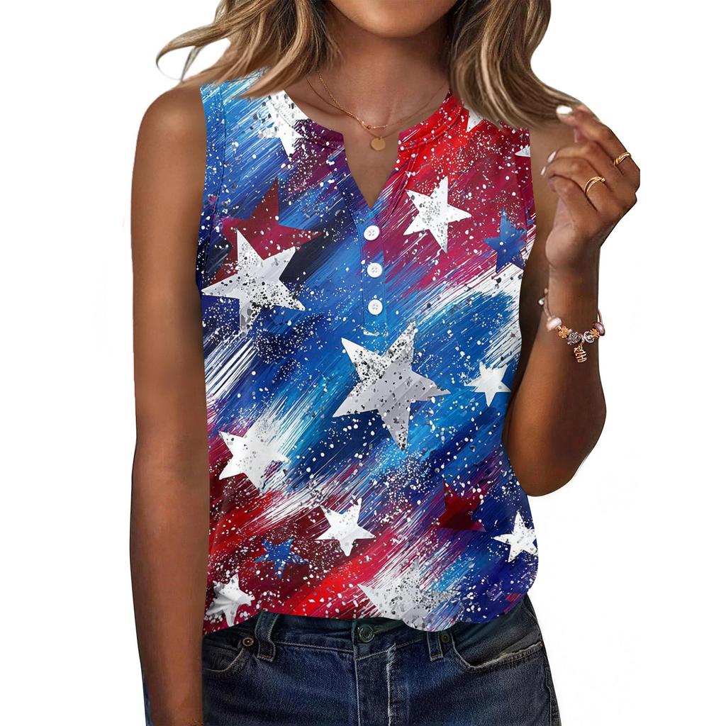 Women Sleeveless V Neck Button Front Casual Top with Star Print Pattern Relaxed Fit for Everyday Wear