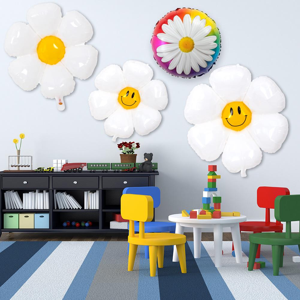 Daisy & Yellow Smiley Face Foil Balloons - Flower Photo Props for Birthday Decor