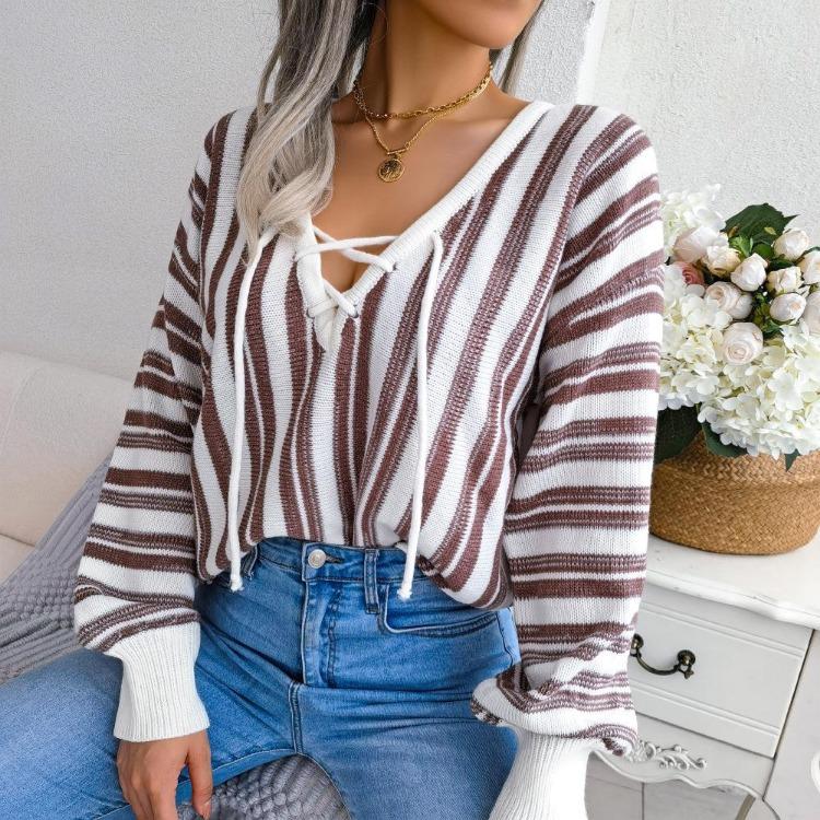 Chic Women Loose Knitted Sweater Winter Fall All Match Tops Balloon Sleeve Contrast Stripe Tie