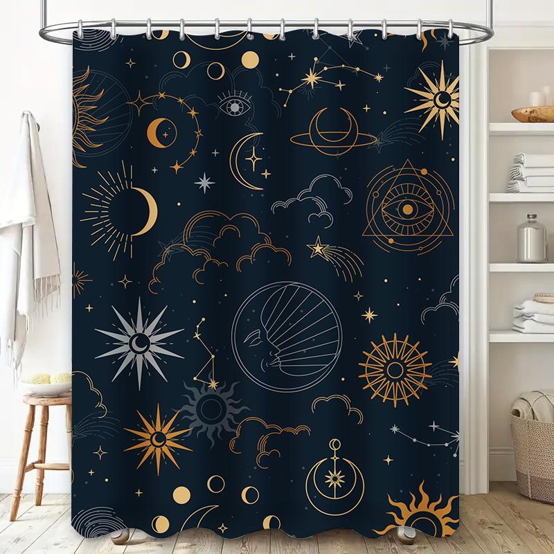 Gothic Astral Shower Curtain with Golden Constellation Sun Moon Eye Design for Bathroom Decor Navy Blue White Sun Moon Bathroom