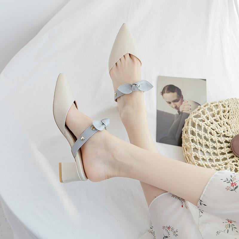 Baotou half slippers 2025 new Internet celebrity outer wear fashionable half drag one pedal women's pointed head middle heel sandals with skirt shoes