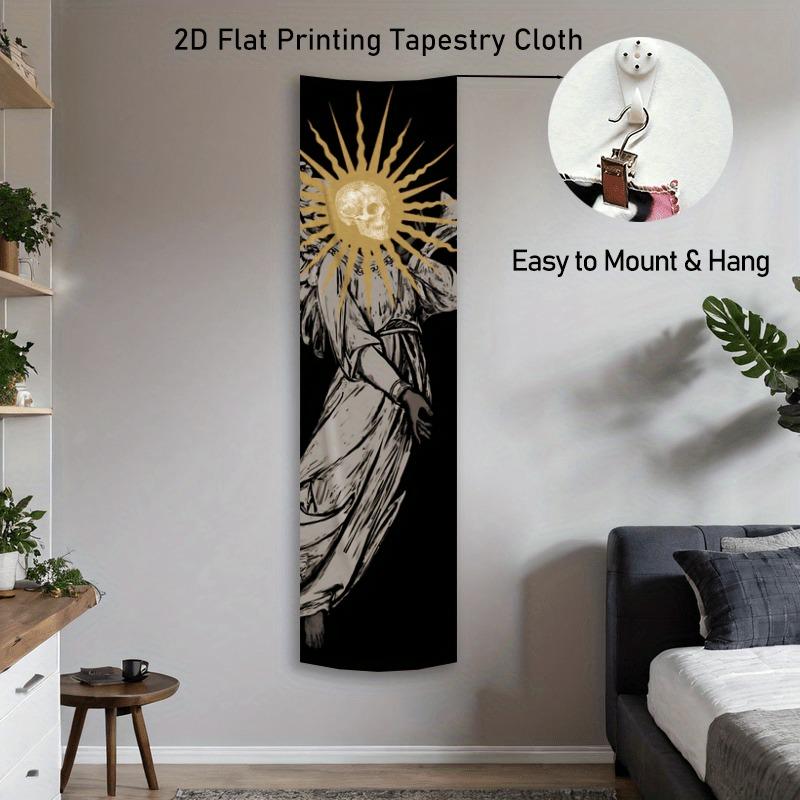 Skull Angel Sunburst Long Tapestry, Black Gold Gothic Print Wall Hanging, Occult Dark Academia Themed Decor For Bedroom & Living