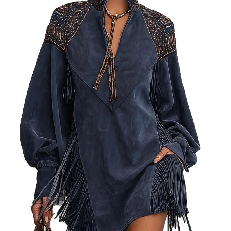 Europeisk & Amerikansk V-ringad Klänning med Broderade tofsar för Kvinnor - 2025 Stil