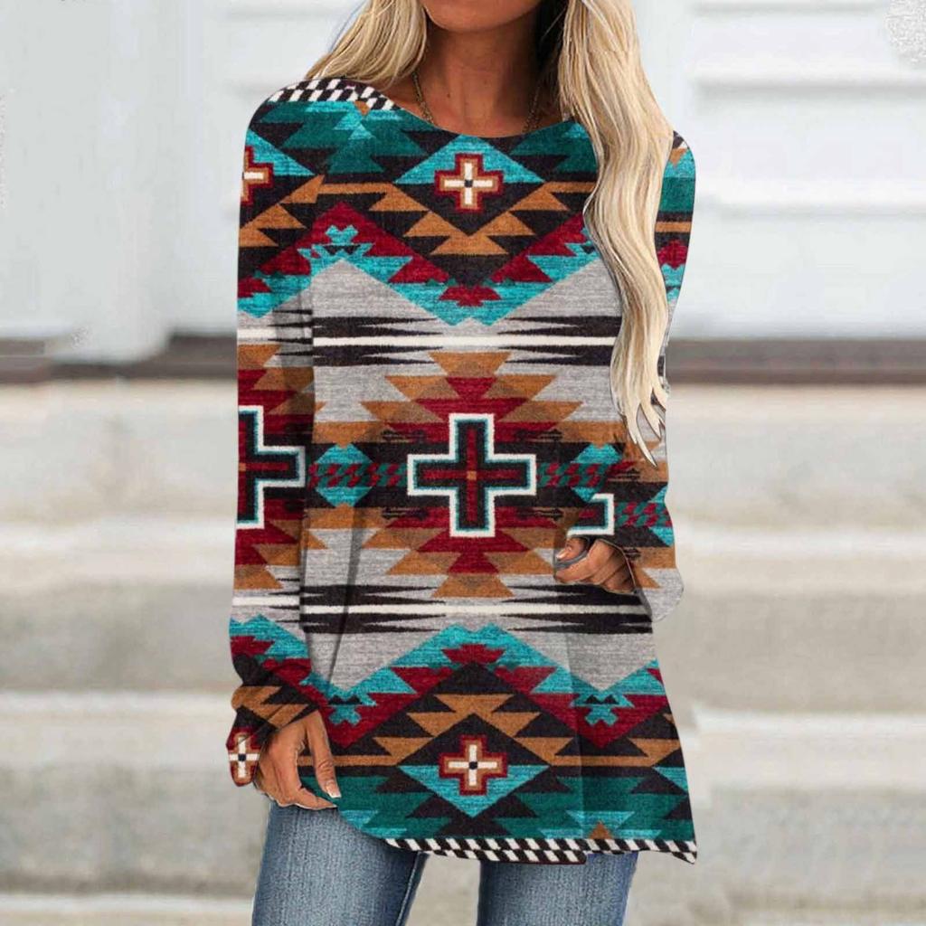 Ethnic tribe geometric print autumn casual comfortable women's long sleeve T-shirt Urban street trend fashion women long sleeve