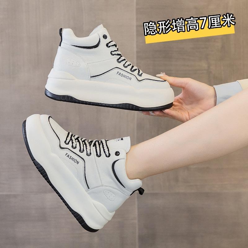 Autumn New Casual Shoes Sports Shoes Lace-up Women's Shoes Inner Height Increase Thick Sole High Top White Shoes Versatile
