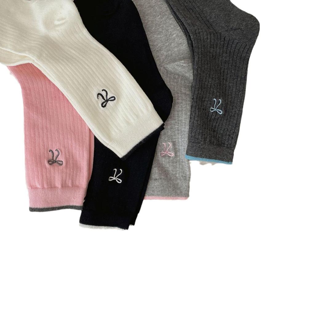 Gray-Blue Striped Embroidered Bow Socks for Women – Korean Ballet Style, Trendy All-Match Socks