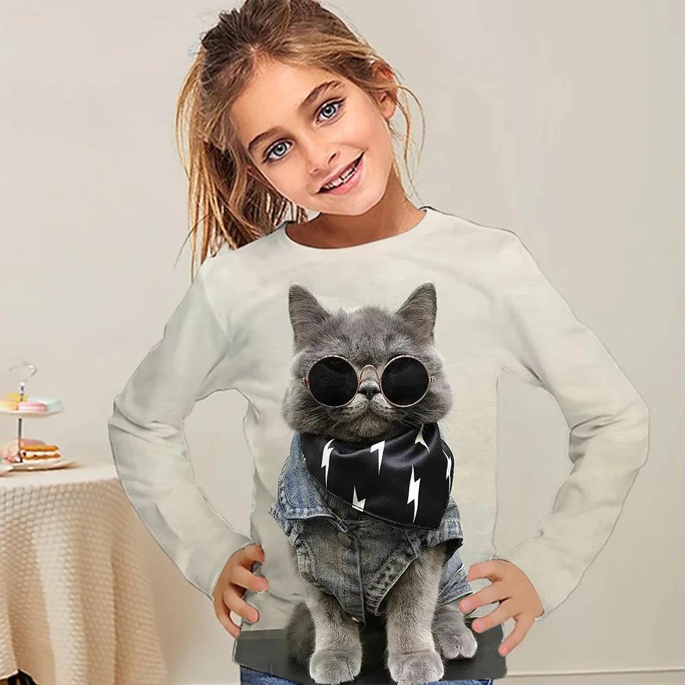 Kinderkleidung Mädchen T-Shirts Oberteil Langarm Kinder T-Shirt Niedlicher Katzenaufdruck Lässig Kinder Sommer Herbst Kleidung Mädchen Kleidung