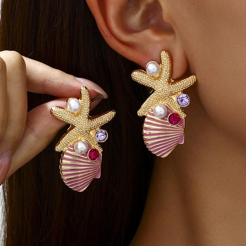 Heißer Verkauf Urlaubsstil Persönlichkeit Rosa Muschel Seestern Diamant Perlen Ohrstecker Sommerurlaub Premium-Gefühl