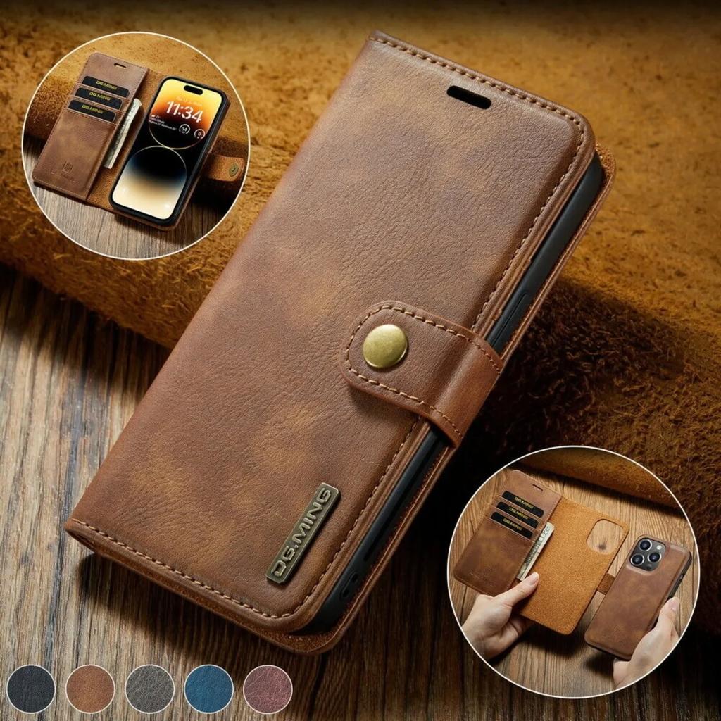 DG.Ming para IPhone 17 16 Pro Max 15 14Plus 12 11 13Mini Lujosa Funda tipo Cartera de 2 Plegados Funda con Tapa Magnética de Cuero Desmontable
