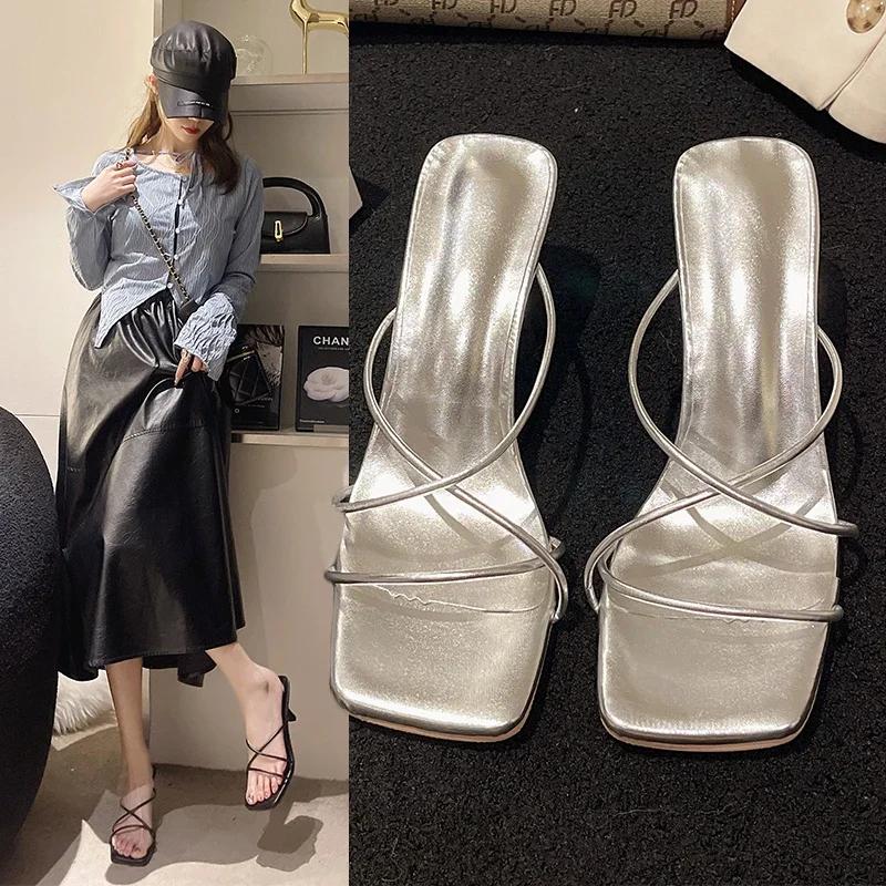 Women's Stiletto High Heel Slippers Shoes for Woman Luxury Designer Women Comfortable Gold Silver Sandals Trend 2025 Size 40