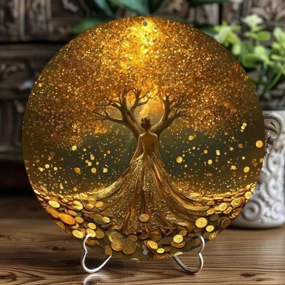 Gold Tree of Life Metal Wall Art Poster Round Sign Home Decor
