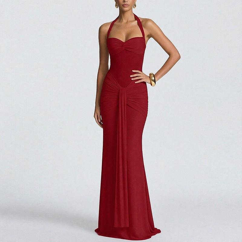 

Women s clothing, new spring models in Europe and America, elegant neck strap tight hip wrap dress dress 3XL червоний